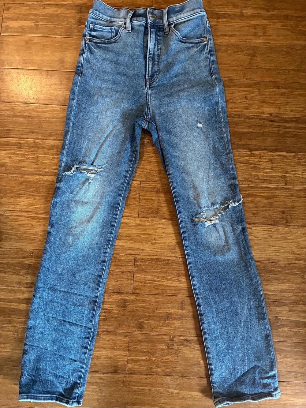 Express Women's Straight Leg Distressed Denim Jeans - Blue